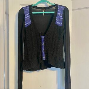 Free People Vintage Knit Cardigan with Peplum Hem & Blue Accents